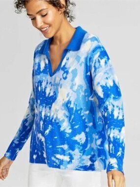 NWT Charter Club Cashmere Tie-Dyed Johnny Collar Sweater Sz M Duchess Blue